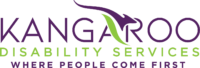 The image displays the logo for Kangaroo Disability Services. It features the name "Kangaroo" in bold purple letters with a stylized green kangaroo incorporated into the text. Below it, "Disability Services" is written in green, and below that is the tagline, "Where People Come First.