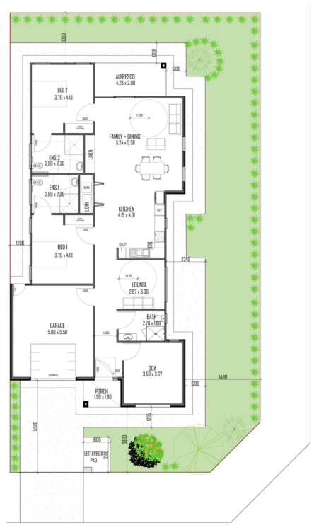 Davoren Park - Sda Sda A Detailed Floor Plan Of A House Including A Porch, Entry, Two Bedrooms, A Family And Dining Area, Kitchen, Lounge, Two Bathrooms, An Alfresco Area, And A Garage. Surrounding Green Areas Denote Landscaping With Lawn And Plants. Measurements Are Provided In Meters.